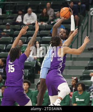 L'attaccante di Tulane Green Wave Kevin Cross (24) spara un salto sull'attaccante dei Furman Paladins Tyrese Hughey (15) e la guardia PJay Smith Jr. (0) durante una partita di basket maschile alla Fogleman Arena di New Orleans, Louisiana, giovedì 14 dicembre 2023. (Foto di Peter G. Forest/Sipa USA) Foto Stock