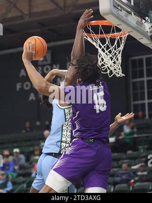 L'attaccante dei Furman Paladins Tyrese Hughey (15) blocca la guardia di Tulane Green Wave Sion James (1) sparata durante una partita di basket maschile alla Fogleman Arena di New Orleans, Louisiana, giovedì 14 dicembre 2023. (Foto di Peter G. Forest/Sipa USA) Foto Stock