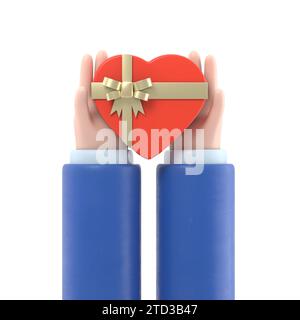 Regala il cuore a San Valentino con una dichiarazione d'amore. Tenendo il cuore nel palmo della mano con nastro e arco. Fate un regalo. Illustrazione disegno piatto.3D Ren Foto Stock