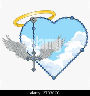 Disegno vettoriale di croce alata con rosario a forma di cuore, rosario a forma di cuore con ali, simbologia della religione cattolica Illustrazione Vettoriale