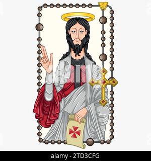 Disegno vettoriale dell'apostolo San Giacomo con vecchia pergamena, dell'apostolo San Giacomo con rosario cristiano come cornice Illustrazione Vettoriale