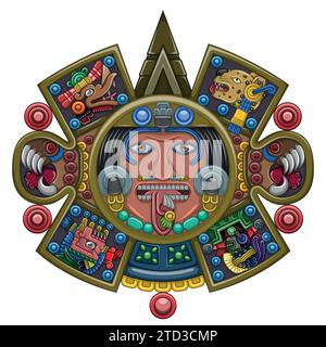 Disegno vettoriale del calendario azteco, disco monolitico dell'antica Mexica, pietra solare della civiltà azteca Illustrazione Vettoriale