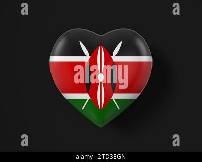 Bandiera del Kenya Heart su sfondo nero. illustrazione 3d. Foto Stock