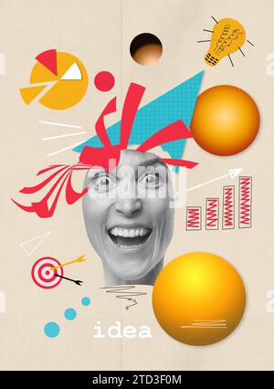 Processo di pensiero, concetto di apprendimento. Design d'arte contemporanea. Collage concettuale moderno con occhi bellissimi in stile surrealismo. Buisnesswoman su sfondo astratto a colori. Foto Stock