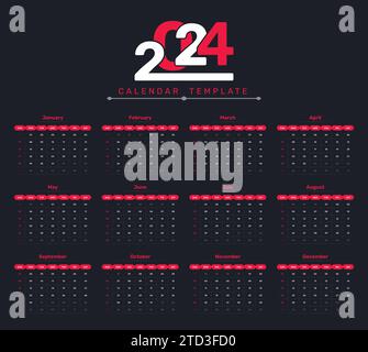 Modello di calendario scuro per l'anno nuovo 2024 con data precisa Illustrazione Vettoriale