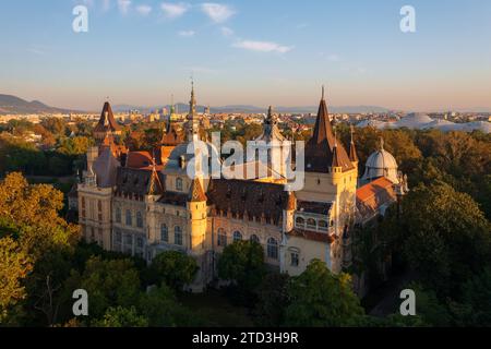 Vista aerea del Museo e della Biblioteca dell'Agricoltura ungherese accanto al Castello di Vajdahunyad nel parco cittadino di Budapest. Foto Stock