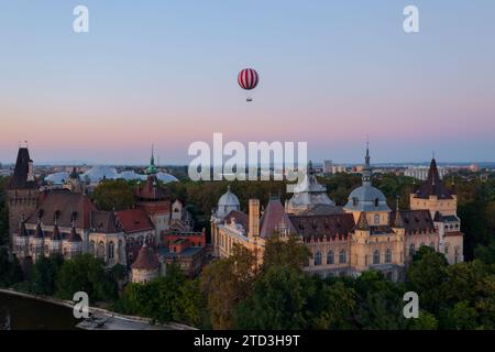 Vista aerea sul Castello di Vajdahunyad e sul Museo e la Biblioteca dell'Agricoltura ungherese nel parco cittadino di Budapest. Ballonfly sullo sfondo. Foto Stock