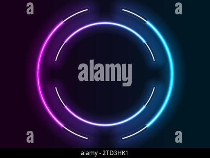 Cornice astratta blu ultravioletta cerchi al neon da lampade fluorescenti. Design vettoriale retro fantascientifico Illustrazione Vettoriale