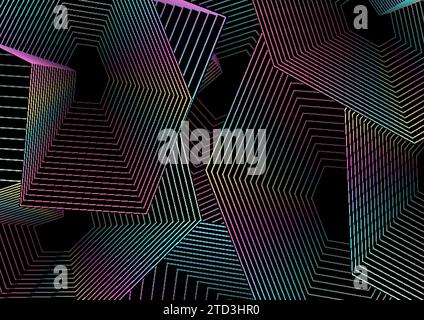 Sfondo astratto nero con forme lineari poligonali olografiche. Design vettoriale art deco Illustrazione Vettoriale