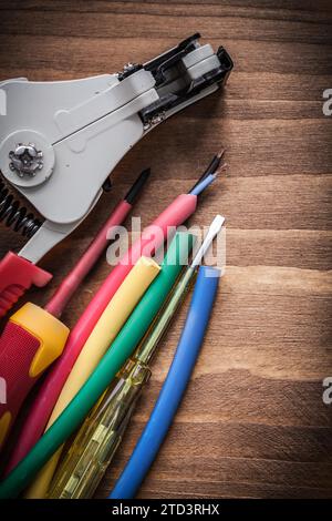 Spelafili automatico, protezione, cacciaviti isolati, tester elettrico, concetto di elettricità Foto Stock