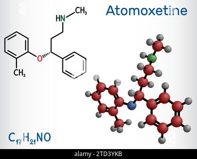 Molecola di atomoxetina. Viene utilizzato nella gestione del disturbo da deficit di attenzione e iperattività ADHD. Formula chimica strutturale, modello molecolare. Illustrazione Vettoriale