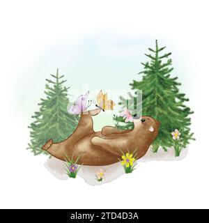 Orso acquerello. Illustrazione per bambini. Orso giocoso nella foresta con fiori e farfalle. Disegno manuale. Foto Stock