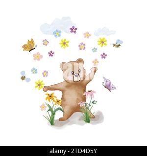 Orso acquerello. Illustrazione per bambini. Orso giocoso su un prato con fiori e farfalle. Disegno manuale. Foto Stock