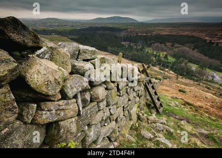 Uno stile sopra il muro sulle pendici della Moolieve Mountain, Mourne Mountains, County Down, Irlanda del Nord. Foto Stock