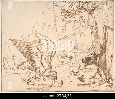 Barnyard Scene: Two Birds Fighting (recto)Studies of Birds(verso) 1975 di Anthonie van Borssom Foto Stock