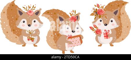 Carino set foresta di scoiattoli. Personaggio della collezione di animali con regalo e fiore Vector Happy divertente biglietto d'auguri per San Valentino e compleanno. Illustrazione Vettoriale