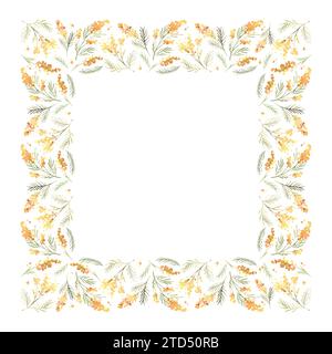 Cornice quadrata floreale acquerello con splendida mimosa gialla. Illustrazione botanica disegnata a mano. Da utilizzare per la progettazione di matrimoni, biglietti d'auguri, 8 marzo Foto Stock