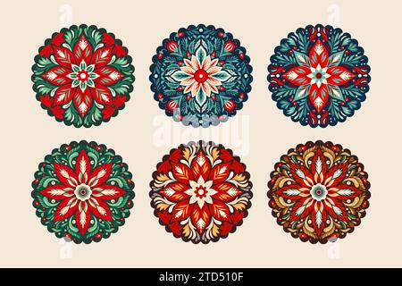 Set ornamentali natalizi con fiori etnici rotondi Vector Folk Art. Intricata stampa di cartoline folk Scandinavian Star Illustrazione Vettoriale