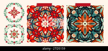 Set Vextor con motivo floreale Boho e motivo floreale natalizio Folk Art Star. Collezione svedese di ornamenti per le festività scandinave. Illustrazione Vettoriale