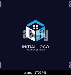 Monogramma CS con logo iniziale con forma esagonale astratta, grafica vettoriale dal design elegante e pulito del logo immobiliare Illustrazione Vettoriale