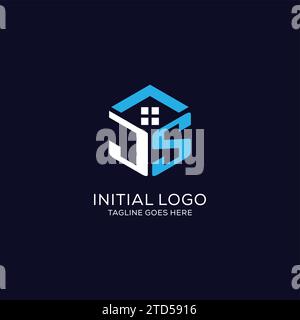 Logo iniziale monogramma JS con forma esagonale astratta, logo immobiliare dal design pulito ed elegante grafica vettoriale Illustrazione Vettoriale