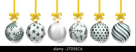 Set di palline di Natale lucenti e brillanti. Oggetti esclusivi e un lavoro altamente curato per il prossimo Natale. Illustrazione Vettoriale