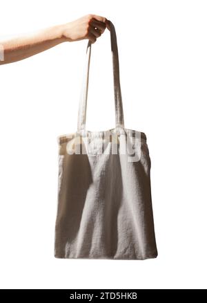 Borsa per il trasporto a mano, isolata su sfondo bianco. Shopper in cotone naturale Foto Stock