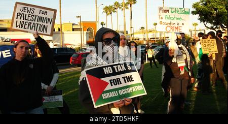 15 dicembre 2023, un gruppo di manifestanti che si autodefinivano Shut IT Down organizzò una manifestazione nei pressi dell'aeroporto internazionale di Los Angeles (LAX) per chiedere la fine dell'occupazione israeliana della Palestina e del genocidio di Gaza. I manifestanti, che si identificarono come palestinesi, ebrei e angelone di coscienza, marciarono per ore intorno all'aeroporto, bloccando il traffico e affrontando la polizia. Hanno portato cartelli che recitano “fermare il genocidio di Gaza”, “Palestina libera” e “Biden Out”. Hanno anche cantato slogan come "Nessuna giustizia, nessuna pace", "Palestine Lives Matter" e "End Apartheid". Foto Stock