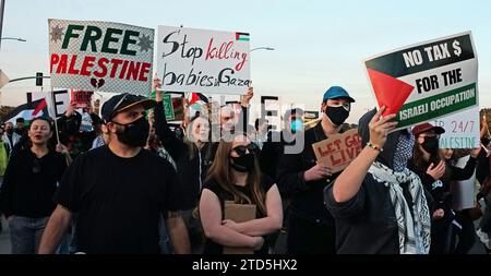 15 dicembre 2023, un gruppo di manifestanti che si autodefinivano Shut IT Down organizzò una manifestazione nei pressi dell'aeroporto internazionale di Los Angeles (LAX) per chiedere la fine dell'occupazione israeliana della Palestina e del genocidio di Gaza. I manifestanti, che si identificarono come palestinesi, ebrei e angelone di coscienza, marciarono per ore intorno all'aeroporto, bloccando il traffico e affrontando la polizia. Hanno portato cartelli che recitano “fermare il genocidio di Gaza”, “Palestina libera” e “Biden Out”. Hanno anche cantato slogan come "Nessuna giustizia, nessuna pace", "Palestine Lives Matter" e "End Apartheid". Foto Stock