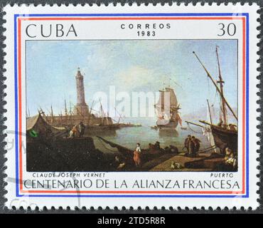 Francobollo annullato stampato da Cuba, che commemora il centenario dell'Alleanza francaise - CJ Vernet 'Harbor', circa 1983. Foto Stock