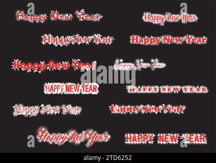 Set di testo per felice anno nuovo con design per etichette lucide e Spiky Illustrazione Vettoriale