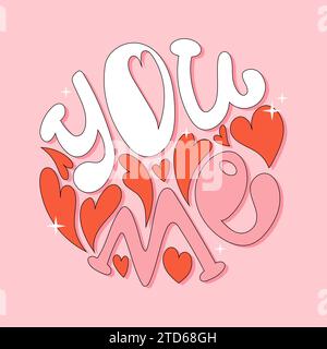 Scritte disegnate a mano con me in stile groovy e ombra. Graziosa illustrazione rosa e bianca con cuori rossi. Illustrazione Vettoriale