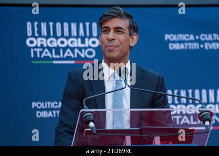 Roma, Italia. 16 dicembre 2023. Rishi Sunak partecipa all'Atreju 2023, l'incontro annuale del partito politico di destra Fratelli d'Italia a Roma. Credito: SOPA Images Limited/Alamy Live News Foto Stock