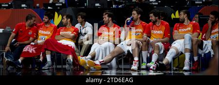 Madrid, 6 settembre 2014. Mundobasket 2014. Spagna - Senegal. Nell'immagine: Ricky Rubio, Calderon, Gasol, Llull, Navarro. Foto: Ignacio Gil.... ArchDC. Crediti: Album / Archivo ABC / Ignacio Gil Foto Stock