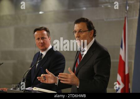 Madrid, 09/04/2015. Riunione di lavoro e successiva conferenza stampa al Palazzo Moncloa del presidente Mariano Rajoy con il primo ministro britannico David Cameron. Foto: Jaime García ARCHDC. Crediti: Album / Archivo ABC / Jaime García Foto Stock