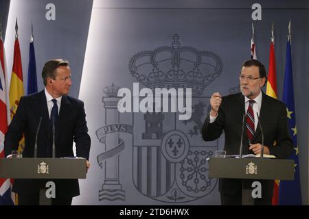 Madrid, 09/04/2015. Riunione di lavoro e successiva conferenza stampa al Palazzo Moncloa del presidente Mariano Rajoy con il primo ministro britannico David Cameron. Foto: Jaime García ARCHDC. Crediti: Album / Archivo ABC / Jaime García Foto Stock