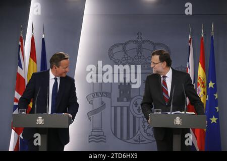 Madrid, 09/04/2015. Riunione di lavoro e successiva conferenza stampa al Palazzo Moncloa del presidente Mariano Rajoy con il primo ministro britannico David Cameron. Foto: Jaime García ARCHDC. Crediti: Album / Archivo ABC / Jaime García Foto Stock