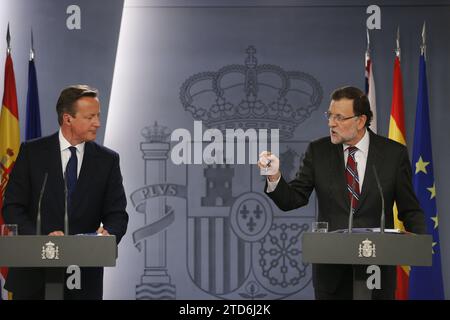 Madrid, 09/04/2015. Riunione di lavoro e successiva conferenza stampa al Palazzo Moncloa del presidente Mariano Rajoy con il primo ministro britannico David Cameron. Foto: Jaime García ARCHDC. Crediti: Album / Archivo ABC / Jaime García Foto Stock