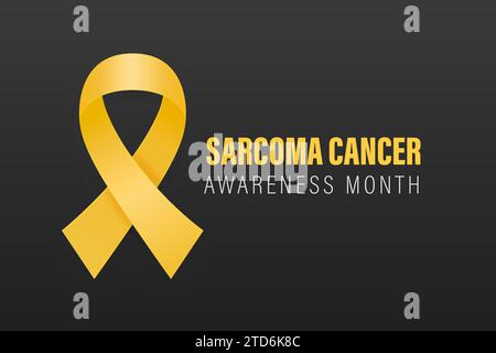 Sarcoma, cancro alle ossa. Banner vettoriale, scheda, Placard, modello di progetto con nastro giallo realistico su sfondo nero. Sarcoma il mese di sensibilizzazione al cancro Illustrazione Vettoriale