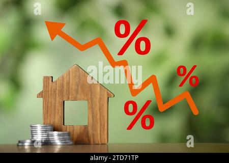 Aumento del tasso ipotecario illustrato da una freccia verso l'alto tra i segni di percentuale. Modello di casa in legno e monete sul tavolo Foto Stock