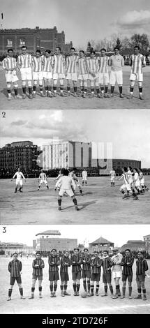 03/01/1917. Calcio a Madrid. 1.-la squadra della Real Sociedad de San Sebastián, che ha giocato due partite con il Madrid FC 2.-una giocata nel primo di tali partite. 3.-squadra Athletic Club, di Sabadell, che ha giocato con Racing e Athletic de Madrid. Crediti: Album / Archivo ABC / José Zegri Foto Stock