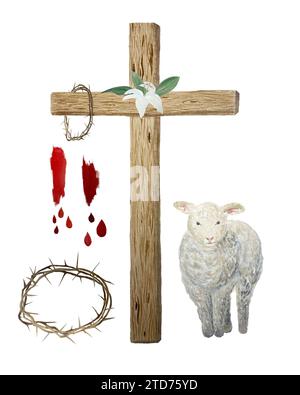 Acquerello croce di legno, agnello, corona di spine, sangue per Pasqua, giovedì santo, illustrazione religiosa isolata su bianco Foto Stock