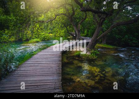 Fantastico ponte turistico in legno e sentiero sul fiume Krka nel Parco Nazionale Krka, Skradin, Dalmazia, Croazia, Europa Foto Stock