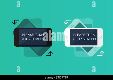 Rotazione dello schermo dello smartphone. Semplici istruzioni visive per l'uso del telefono cellulare per la rotazione delle immagini in posizione orizzontale. Vettore piatto isolato su PL Illustrazione Vettoriale