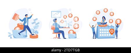 Concetto di pagamento stipendio. calcolo del salario finanziario, imposta annuale. Mostrare un gruppo di persone che festeggiano il giorno del pagamento dello stipendio. Pagamento dello stipendio 1 vettore fisso Illustrazione Vettoriale