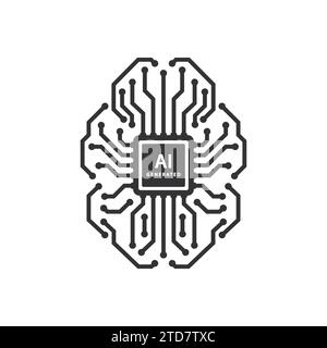 Logo del circuito stampato del cervello, concetto di progettazione del chip con tecnologia di intelligenza artificiale Illustrazione Vettoriale