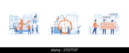 Trasformazione digitale. Analisi e digitalizzazione dei dati. personale che mostra al capo la direzione futura dell'azienda. Set trasformazione digitale piatta V Illustrazione Vettoriale