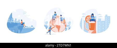 Donna d'affari che lavora all'aperto, lavora da qualsiasi parte del mondo, ovunque e in qualsiasi momento. Lavorare da qualsiasi luogo impostare l'illustrazione moderna a vettore piatto Illustrazione Vettoriale