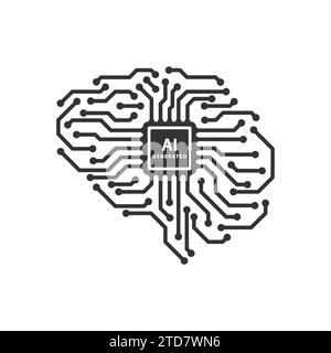 Logo del circuito stampato del cervello, concetto di progettazione del chip con tecnologia di intelligenza artificiale Illustrazione Vettoriale