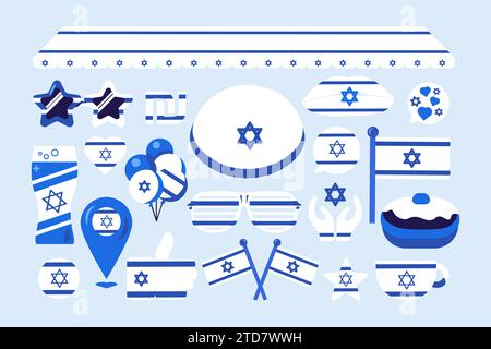 Collezione di elementi festivi israeliani, attributi di Believer Holiday. Bandiera ebraica, gesto di preghiera, occhiali da sole stellati, stella di Davide, palloncini, bevi gl Illustrazione Vettoriale